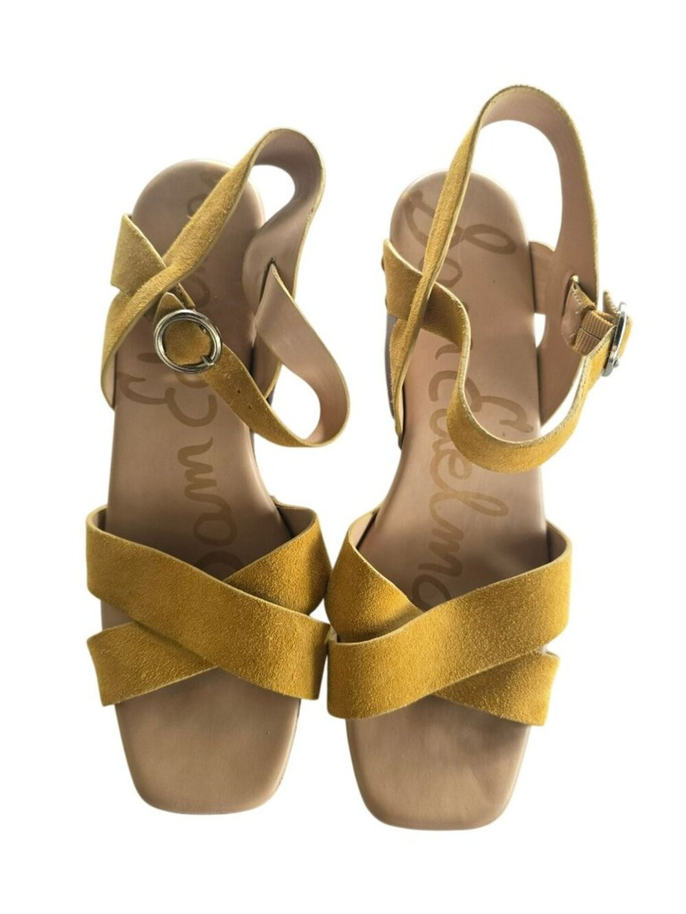 Sam Edelman Chunky Platform Heel Clogs Boho Chic Sandals Yellow Suede Wood Sz 11